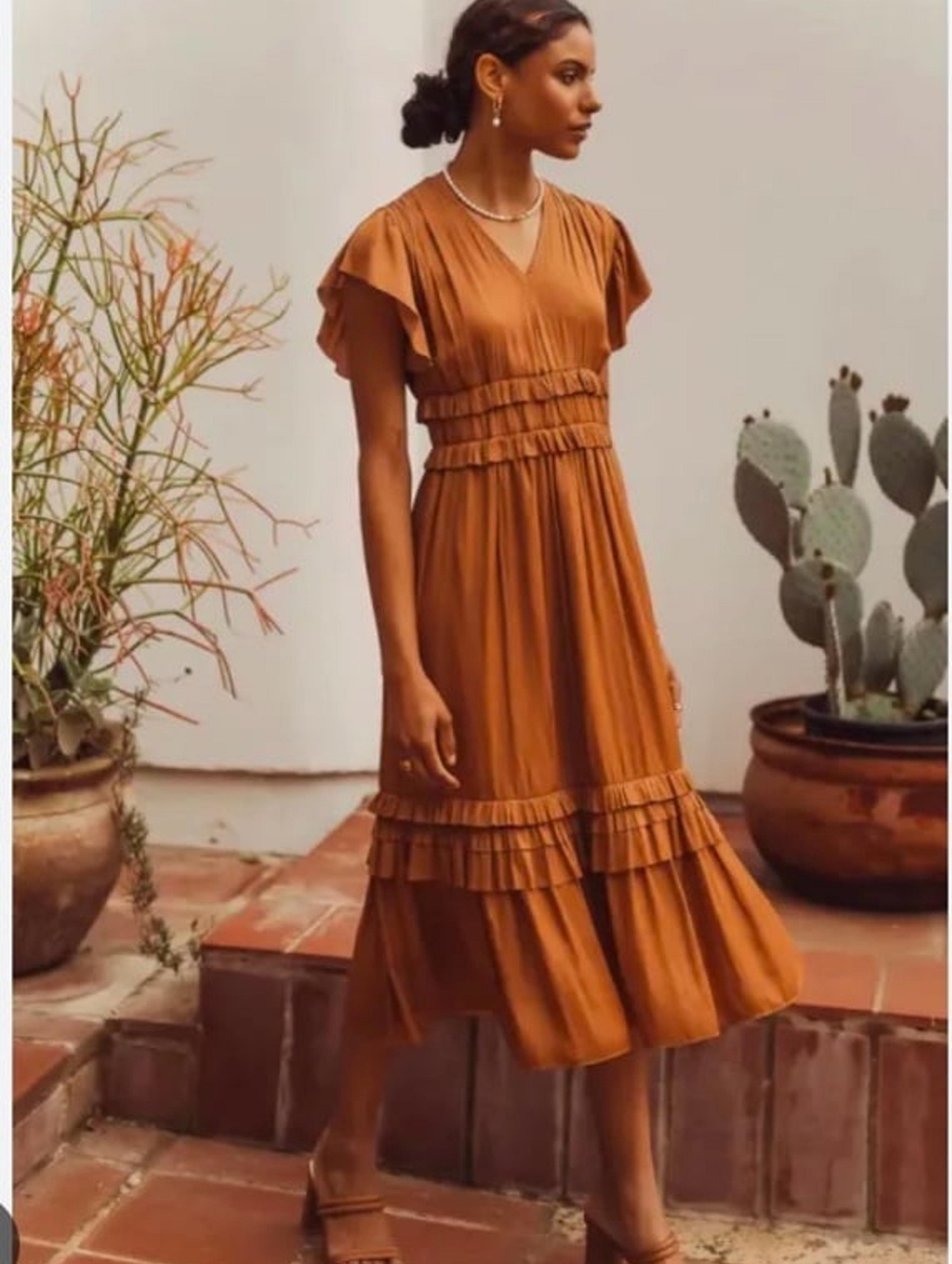 Willa Ruffle V-Neck Maxi Dress in Camel. - Picture 3 of 13
